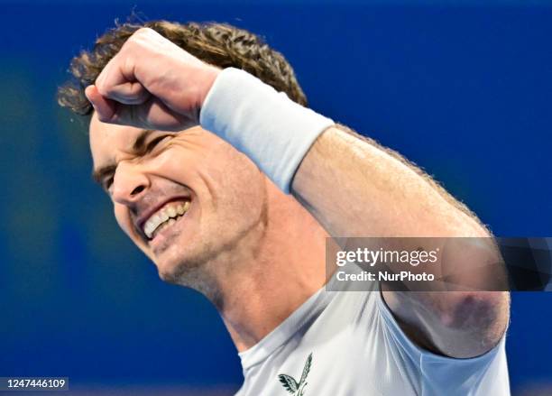 Andy Murray of Great Britain reacts after winning the Semi-final match against Jiri Lehecka of Czech Republic at the ATP Qatar Exxonmobil Open tennis...