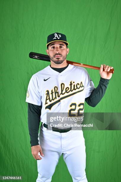 Ramon Laureano of the Oakland As poses for a portrait on media day at HoHoKam Stadium on February 23, 2023 in Mesa, Arizona.