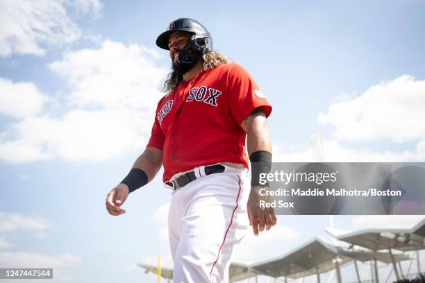 Jorge Alfaro of the Boston Red Sox reacts during the first inning of a game against the Northeastern University Huskies on February 24, 2023 at...