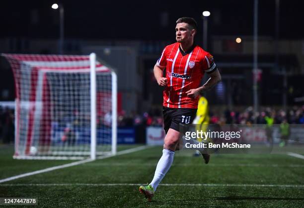 Derry , United Kingdom - 24 February 2023; Patrick McEleney of Derry City celebrates after scoring his side's first goal during the SSE Airtricity...