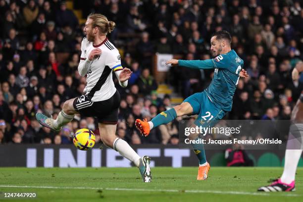 Pablo Sarabia of Wolverhampton Wanderers scores the opening goal during the Premier League match between Fulham FC and Wolverhampton Wanderers at...