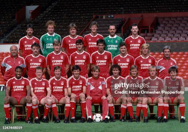 Liverpool line up for a team photograph at Anfield on July 21, 1987 in Liverpool, England. Back row : Mark Lawrenson, Mike Hooper, Jan Molby, Gary...