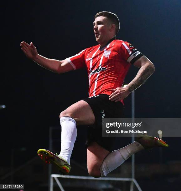 Derry , United Kingdom - 24 February 2023; Patrick McEleney of Derry City celebrates after scoring his side's first goal during the SSE Airtricity...