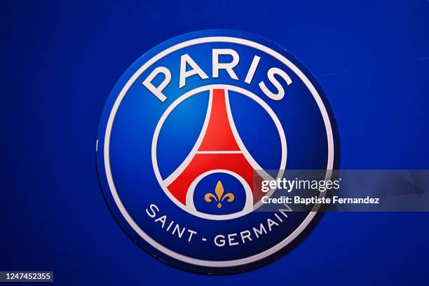 Illustration picture of Paris Saint Germain logo during the training session of Paris Saint-Germain at Parc des Princes on February 24, 2023 in...
