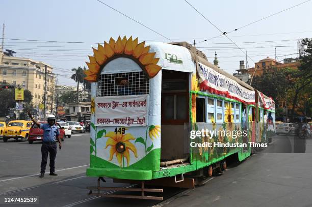 Decorated double-bogey iconic tram is seen as part of Tramjatra 2023, a week long celebration of 150 years of Trams of Kolkata, highlights the themes...