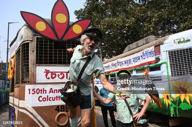 Conductor of Melbourne Tramway Netwowk Roberto D'Andrea and Tony Graham show Melbourne Tram tickets in an event Tramjatra 2023, a week long...