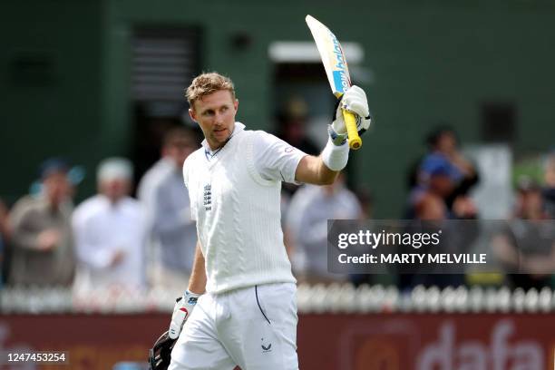 England's Joe Root celebrates 150 runs as England declare for 435 runs during day two of the second cricket test match between New Zealand and...