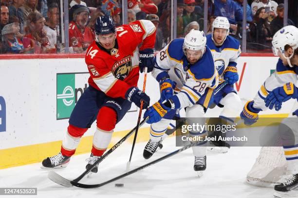 Grigori Denisenko of the Florida Panthers and Zemgus Girgensons of the Buffalo Sabres battle for control of the puck during first period action at...