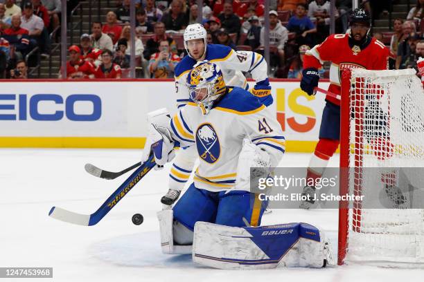 Goaltender Craig Anderson of the Buffalo Sabres defends the net against the Florida Panthers during the first period at the FLA Live Arena on...