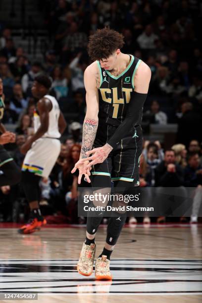 LaMelo Ball of the Charlotte Hornets celebrates a three point basket during the game against the Minnesota Timberwolves on February 24, 2023 at...