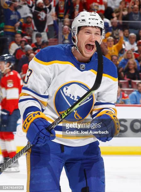 Jeff Skinner of the Buffalo Sabres celebrates after scoring a second period goal against the Florida Panthers at the FLA Live Arena on February 24,...
