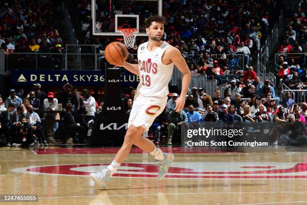 Raul Neto of the Cleveland Cavaliers moves the ball during the game against the Atlanta Hawks on February 24, 2023 at State Farm Arena in Atlanta,...