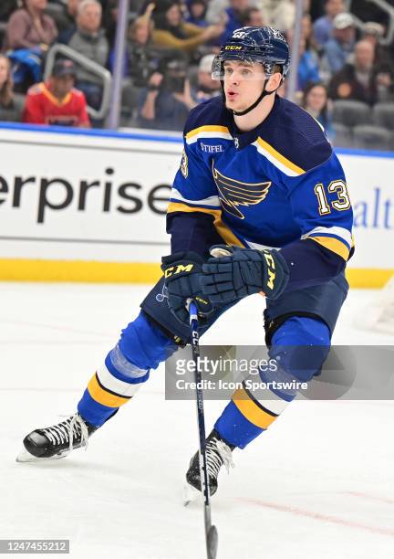 St. Louis Blues right wing Alexey Torsopshenko with the puck during a NHL game between the Vancouver Canucks and the St. Louis Blues on February 23...