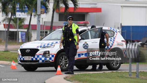 Police are seen directing traffic at the scene of the car accident on June 07, 2020 in Townsville, Australia. Four teenagers have been killed in a...