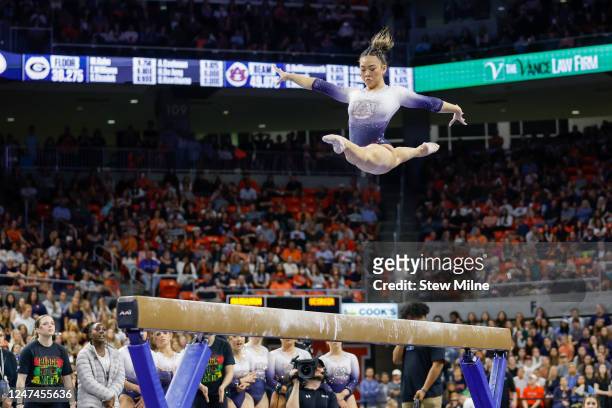 Sunisa Lee of Auburn competes on the balance beam during a meet against Georgia at Neville Arena on February 24, 2023 in Auburn, Alabama.
