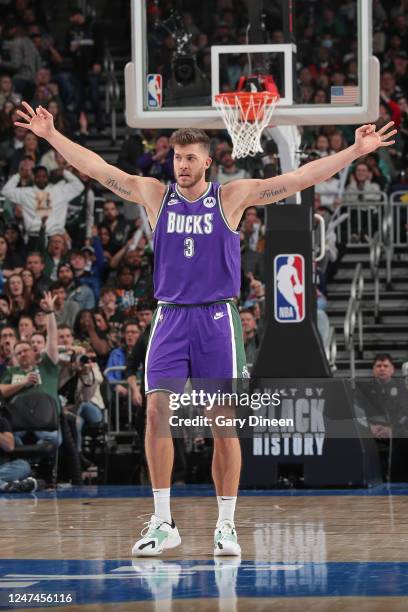 Myers Leonard of the Milwaukee Bucks celebrates during the game on Febuary 24, 2023 at the Fiserv Forum Center in Milwaukee, Wisconsin. NOTE TO USER:...