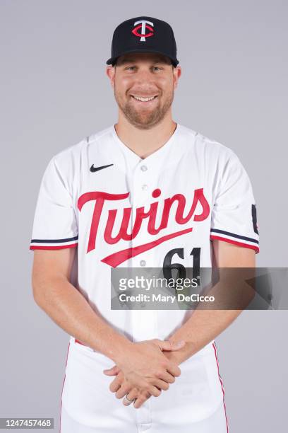 Brock Stewart of Minnesota Twins poses for a photo during the Minnesota Twins Photo Day at Lee County Sports Complex on Friday, February 24, 2023 in...