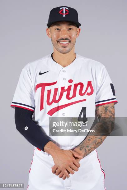 Carlos Correa of Minnesota Twins poses for a photo during the Minnesota Twins Photo Day at Lee County Sports Complex on Friday, February 24, 2023 in...