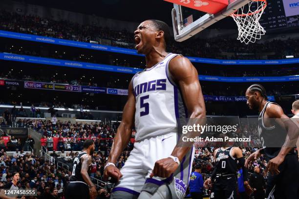 De'Aaron Fox of the Sacramento Kings celebrates during the game against the LA Clippers on February 24, 2023 at Crypto.Com Arena in Los Angeles,...