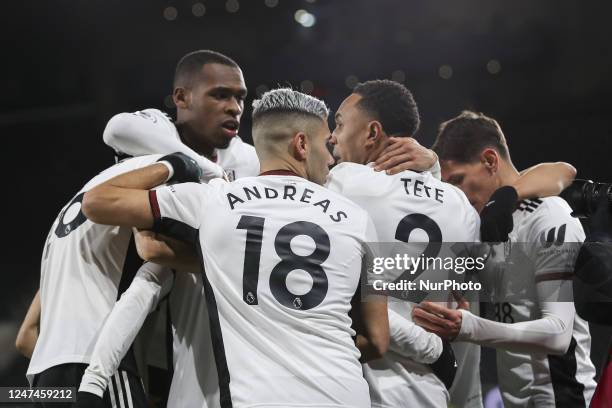 Goal celebrations for Manor Solomon of Fulham during the Premier League match between Fulham and Wolverhampton Wanderers at Craven Cottage, London on...