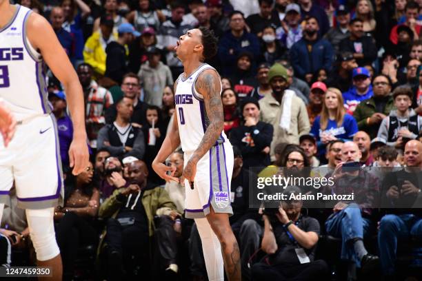 Malik Monk of the Sacramento Kings celebrates during the game against the LA Clippers on February 24, 2023 at Crypto.Com Arena in Los Angeles,...