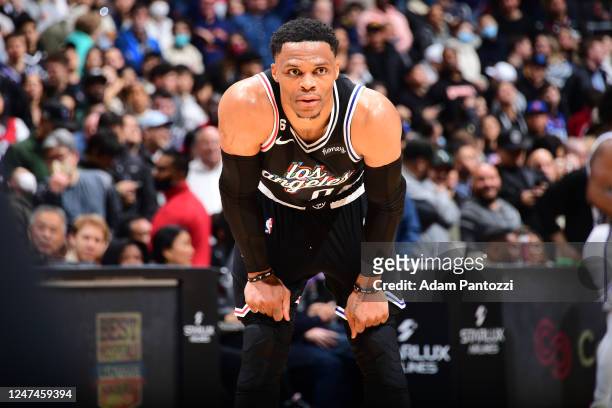 Russell Westbrook of the LA Clippers looks on during the game against the Sacramento Kings on February 24, 2023 at Crypto.Com Arena in Los Angeles,...