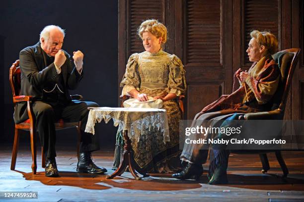 British actors Simon Jones, Susie Fairfax and Judith Rae performing as Mr Beebe, Teresa Alan and Catharine Alan respectively in a dress rehearsal for...