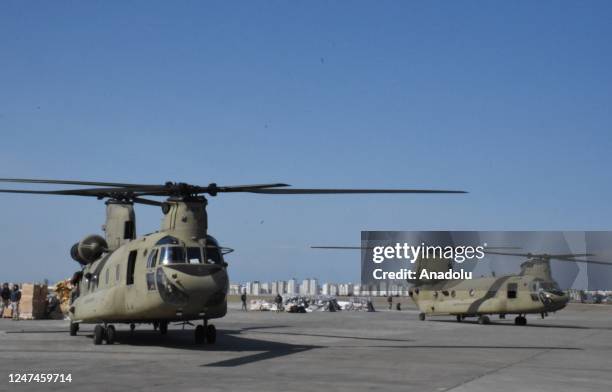 Chinook, military transport aircrafts carrying humanitarian aid for quake survivors arrives at Incirlik Air Base in Adana, Turkiye on February 23,...