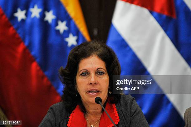 Olga Salanueva, relative of Rene Gonzalez, one of the Cuban Five, speaks during a press conference in Caracas, on September 12, 2011. Relatives of...