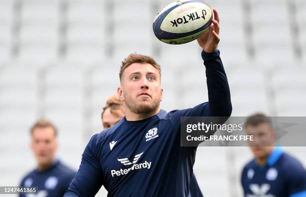 Scotland's N°8 Matt Fagerson attends a captain's run training session at the Stade de France in Saint-Denis, outside Paris, on February 25 on the eve...