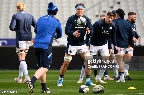 Scotland's captain Jamie Ritchie attends a captain's run training session at the Stade de France in Saint-Denis, outside Paris, on February 25 on the...