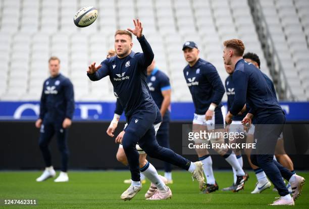 Scotland's N°8 Matt Fagerson attends a captain's run training session at the Stade de France in Saint-Denis, outside Paris, on February 25 on the eve...