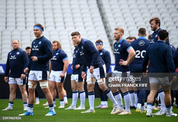 Scotland's players attend a captain's run training session at the Stade de France in Saint-Denis, outside Paris, on February 25 on the eve of the Six...