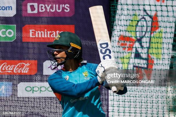 Australia's Ashleigh Gardner bats during a training session of Australia at Newlands Stadium in Cape Town on February 25 on the eve of the T20...