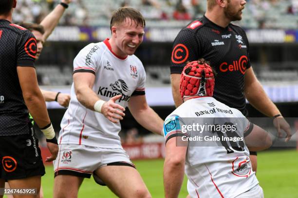 Stewart Moore of Ulster celebrates with Tom Stewart of Ulster during the United Rugby Championship match between Cell C Sharks and Ulster at...