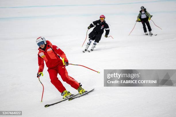 Switzerland's Nathalie Groebli skies down after the Women's downhill race was cancelled at the FIS Alpine Skiing World Cup in Crans-Montana,...