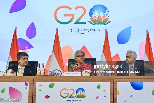 India's Finance Minister Nirmala Sitaraman addresses a press conference along with the Governor of Reserve Bank of India, Shaktikanta Das and...