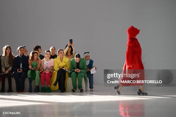 Model presents a creation for MSGM on February 25, 2023 during the Fall-Winter 2023-2024 Women's Collections as part of the Fashion Week in Milan.