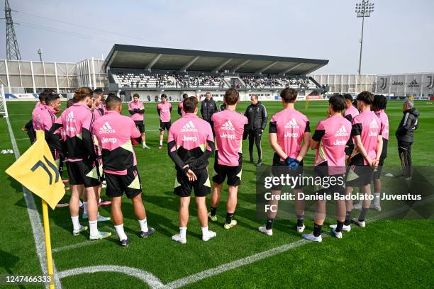 Massimiliano Allegri of Juventus during a training session on February 25, 2023 in Turin, Italy.