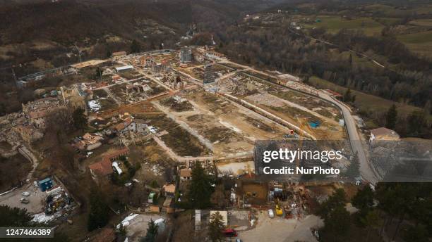 Drone view of downtown Amatrice, Italy on February 25 showing the area cleared of rubble from collapsed buildings. Almost seven years earlier, on...