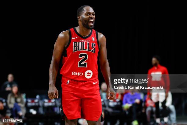 Jeremy Pargo of the Windy City Bulls celebrates after scoring against the Raptors 905 during the second half of an NBA G-League game on February 23,...