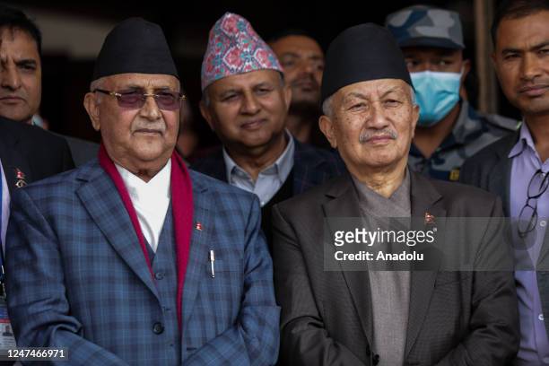 Communist Party of Nepal CPN leader Subash Chandra Nembang and with former Primeminister and CPN president KP Sharma Oli talks with press after...