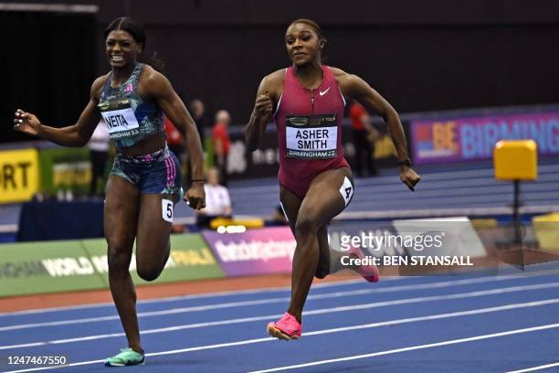 Britain's Dina Asher-Smith beats Britain's Daryll Neita to the line in the final of the women's 60m during the athletics World Indoor Tour Final 2023...
