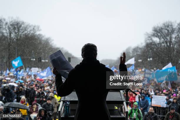 Sahra Wagenknecht, member of the left wing party Die Linke gives a speech in front the Brandenburg Gate during a protest for peace negotiations with...