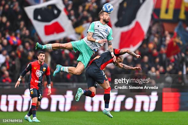 Andrea La Mantia of Spal jumps over Stefano Sturaro of Genoa during the Serie B match between Genoa CFC and Spal at Stadio Luigi Ferraris on February...