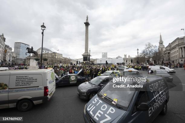 Citizens gather at Trafalgar Square to protest against the expansion of Ultra Low Emission Zone in London, United Kingdom on February 25, 2023....