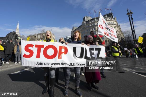 Citizens gather at Trafalgar Square to protest against the expansion of Ultra Low Emission Zone in London, United Kingdom on February 25, 2023....