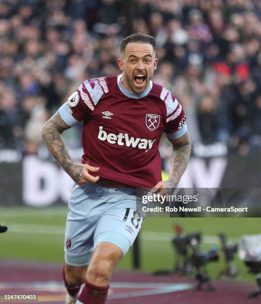 West Ham United's Danny Ings celebrates scoring his side's second goal during the Premier League match between West Ham United and Nottingham Forest...
