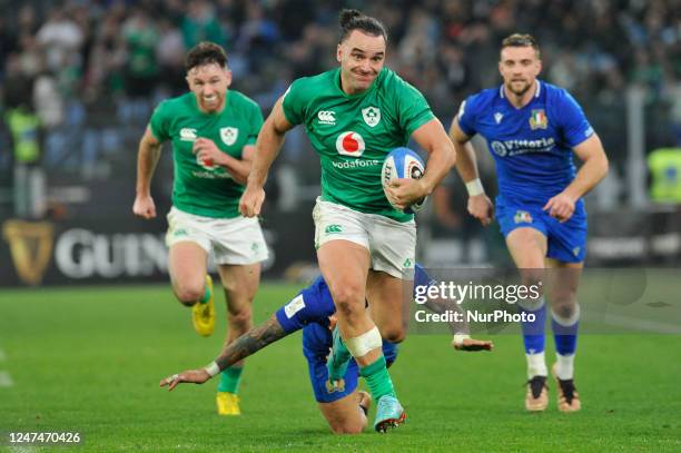 James Lowe in action during the 2023 Guinness Six Nations Rugby Championship match between Italy and Ireland at the Olimpic Stadium in Rome, Italy,...