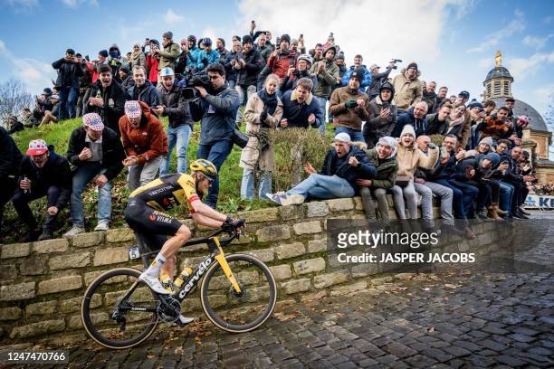 Dutch rider Dylan Van Baarle of Jumbo-Visma competes in the 78th edition of the men's one-day cycling race Omloop Het Nieuwsblad 3 km from Gent to...
